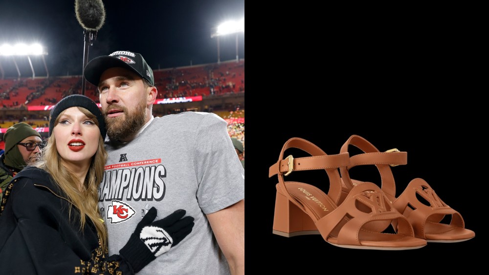 Left: Taylor Swift celebrates with Travis Kelce #87 of the Kansas City Chiefs after defeating the Buffalo Bills 32-29 in the AFC Championship Game at GEHA Field at Arrowhead Stadium on Jan. 26, 2025 in Kansas City, Missouri.
Right: Louis Vuitton's LV Isola Sandal.