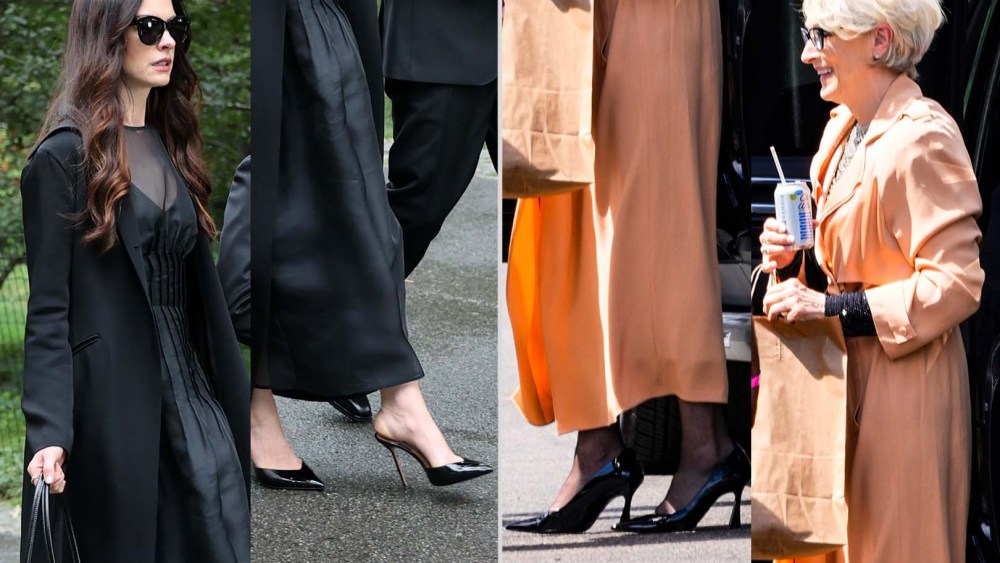 Anne Hathaway wears Aquazzura slingbacks while Meryl Streep wears an architectural black patent heel while filming The Devil Wears Prada 2 in Central Park this week.