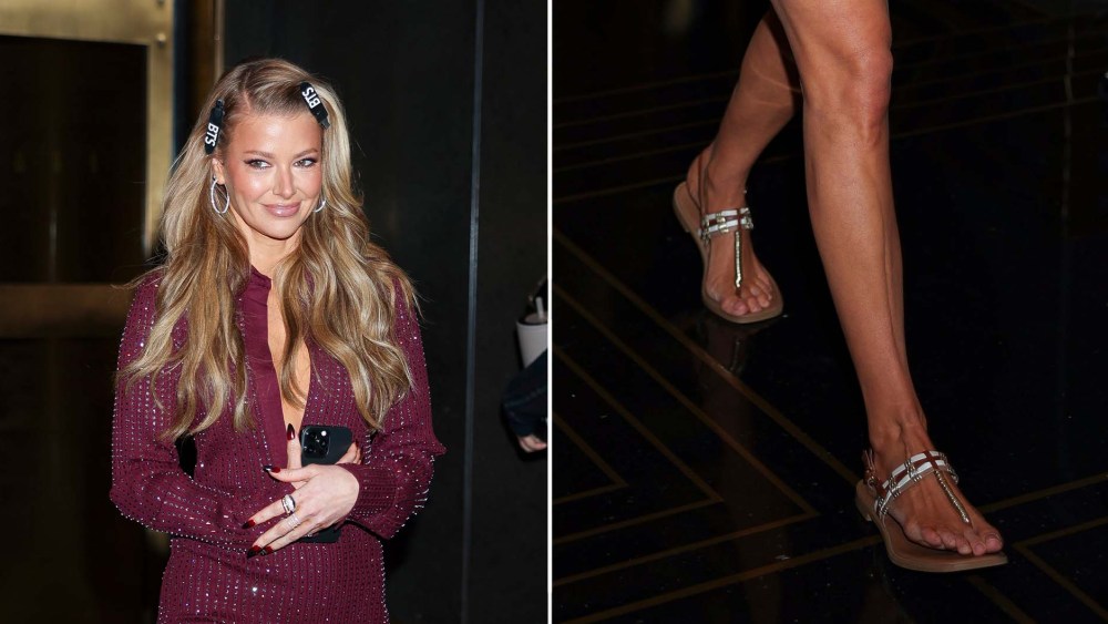Ariana Madix wearing Steve Madden's Burrke thong sandals to "Late Night With Seth Meters" on Monday.