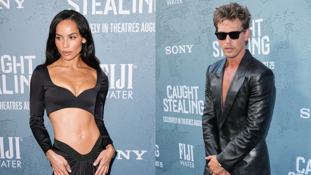 Zoë Kravitz, left, wears custom Saint Laurent and Austin Butler wears Givenchy at the "Caught Stealing" premiere on Aug. 26, 2025 in New York City.