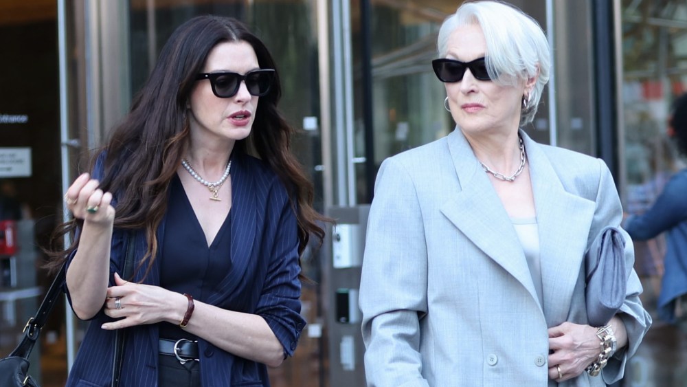 Anne Hathaway and Meryl Streep filming The Devil Wears Prada 2 in New York City.