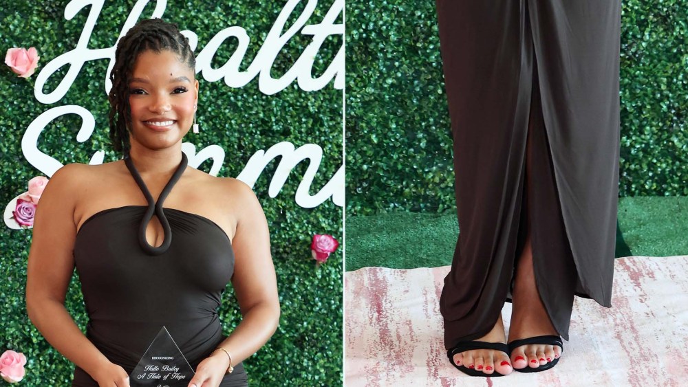 Halle Bailey embraces the barely-there stiletto trend in black strappy sandals at Project Pit's Maternal Health Summit in Los Angeles. on Saturday.