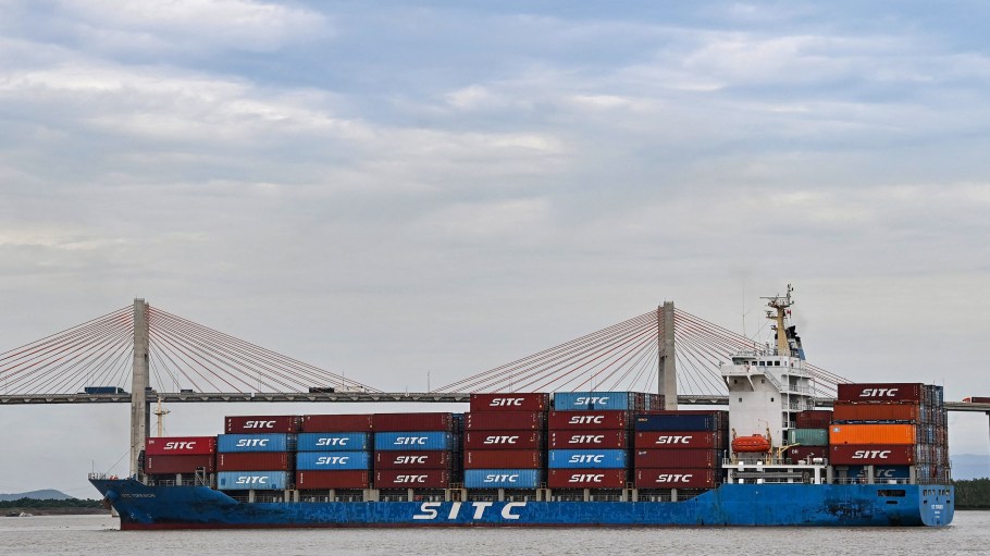A cargo ship is seen from Tan Vu port in Hai Phong near Hanoi on August 29, 2023.