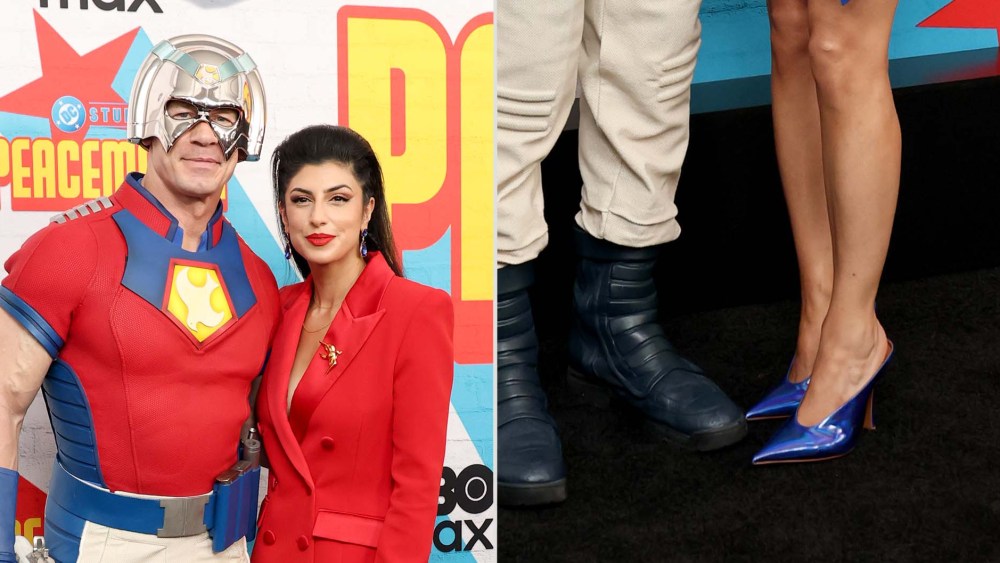 John Cena. andwife Shay Shariatzadeh, who wears Roberto Cavalli pump-inspired mules, at the "Peacemaker" Season Two premiere.