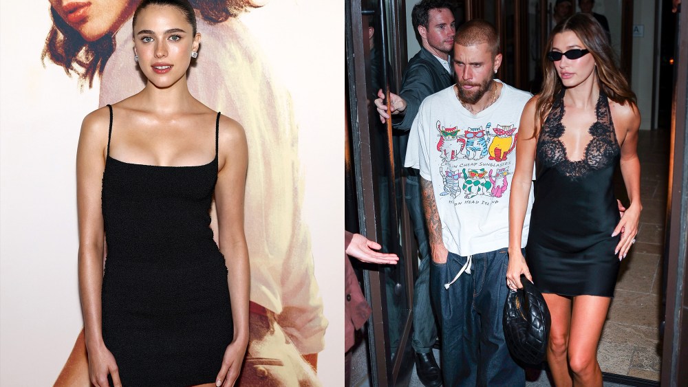margaret qualley wearing little black dress on red carpet; hailey bieber and justin bieber walking out of a building