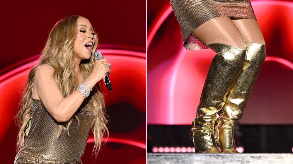 Mariah Carey performs at Brighton Pride wearing Giuseppe Zanotti Hattie boots in metallic gold.