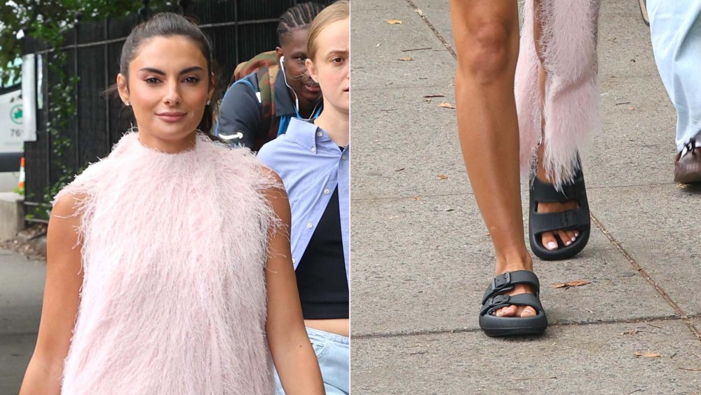 Paige DeSorbo wears black buckle cloud slides on the set of "The Devil Wears Prada 2" in New York on Monday.