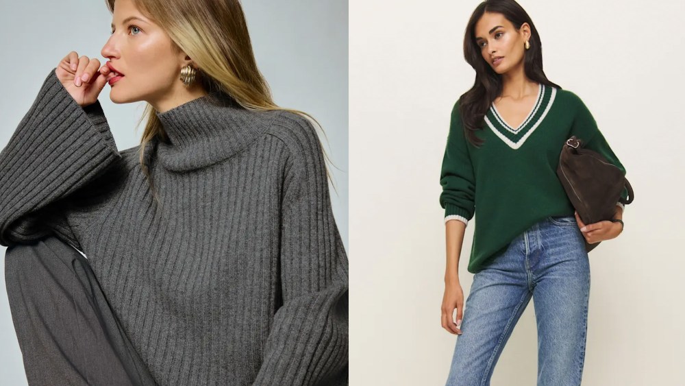 two reformation models showing off cashmere sweaters in gray and green while looking off to the side
