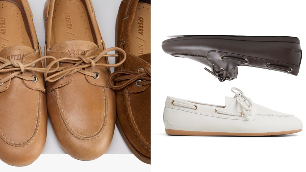 sperry x aritzia boat shoes in browns, white, and black next to each other