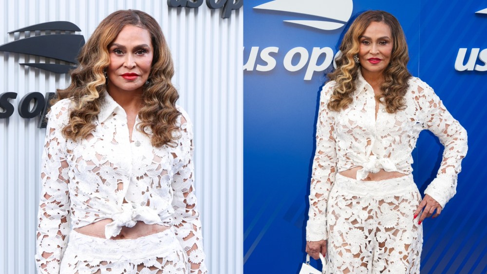 Tina Knowles attends the 2025 US Open wearing a white matching set with sheer fabric and white lace botanical inspiration on Aug. 24 in New York City.