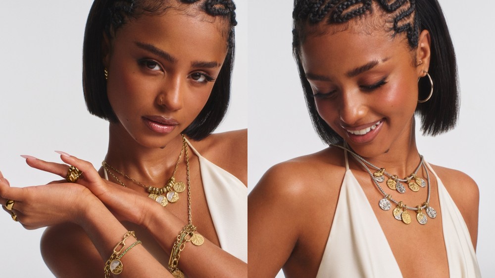 Tyla wears pieces from Pandora's new Talisman collection campaign.