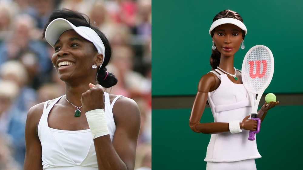 LONDON - JULY 04:  Venus Williams of USA celebrates following victory during the Women's Singles fourth round match against Maria Sharapova of Russia during day nine of the Wimbledon Lawn Tennis Championships at the All England Lawn Tennis and Croquet Club on July 4, 2007 in London, England.  (Photo by Clive Brunskill/Getty Images). The Venus Williams Inspiring Women Series Barbie.