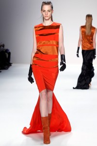 A model on the runway at Narciso Rodriguez's fall 2012 show at The Theatre at Lincoln Center.