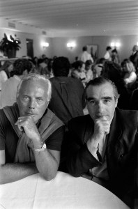 Designer Giorgio Armani and filmmaker Martin Scorsese visit Harry's Bar the next morning after "Made in Milan" film premiere and dinner party. The film is directed by Martin Scorsese, and the dinner is organized by Giorgio Armani which took place on the last day of the Venice Film Festival.
