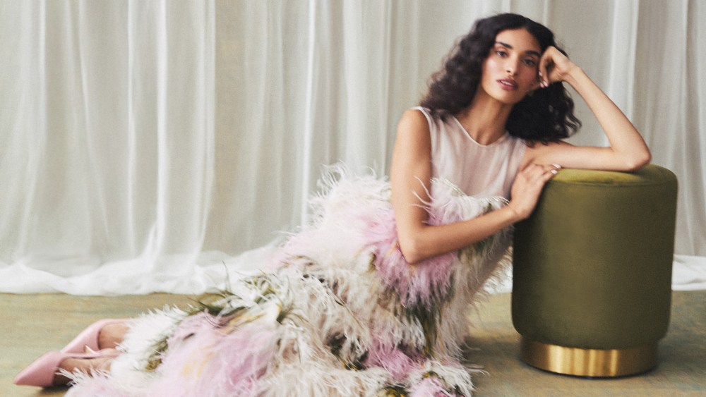 Alexandra Pijut's Eliza gown in abstract floral feathers.