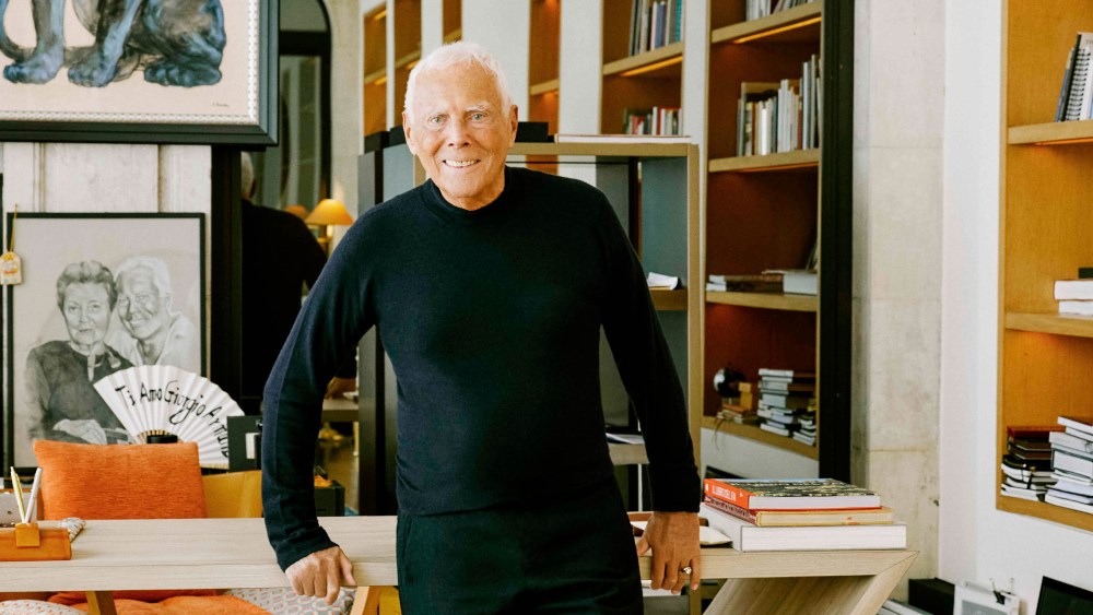 Portrait of Giorgio Armani photographed by Stefan Giftthaler for WWD at Armani’s private home on March 30, 2023 in Milan, Italy.