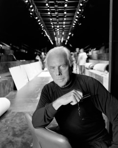 Designer Giorgio Armani poses for portraits in Cipriani Wall Street, where his first fashion show presenting a new collection in the United States will take place.