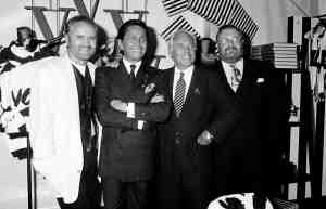 Designers Gianni Versace, Valentino Garavani, Giorgio Armani and Gianfranco Ferre poses for a portrait at the Convivo for AIDS benefit and shopping event in Milan on June 11, 1992.