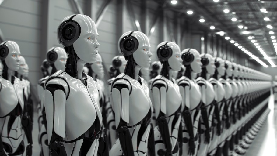A long row of humanoid robots in a futuristic warehouse, showcasing the advanced state of artificial general intelligence technology.