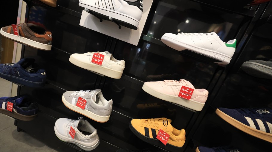 Sneakers are displayed for sale at a Foot Locker store on May 15, 2025 in Miami, Florida. Dick’s Sporting Goods announced it will be buying Foot Locker in a $2.4 billion deal.