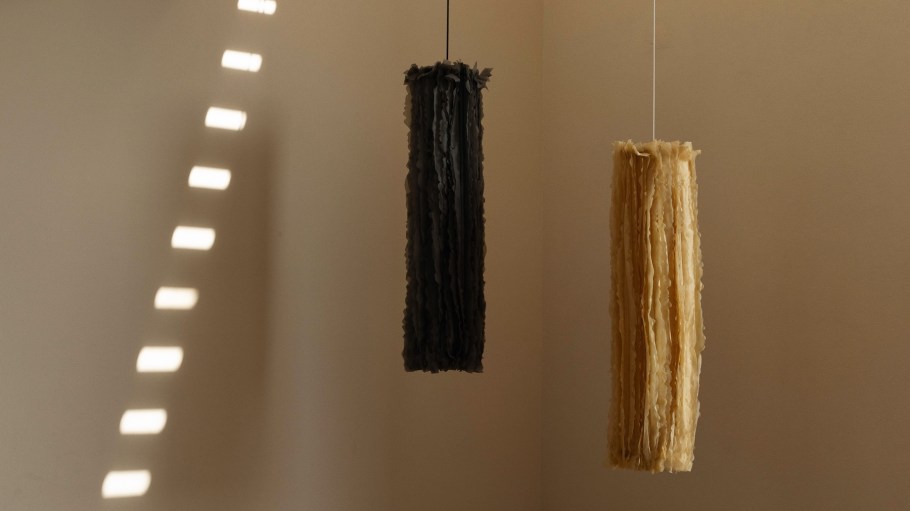 The translucent Lapso lamp was “conceived as a living light,” creators Polybion and Natural Urbano said, that “shifts with illumination to reveal gradients and textures.”
