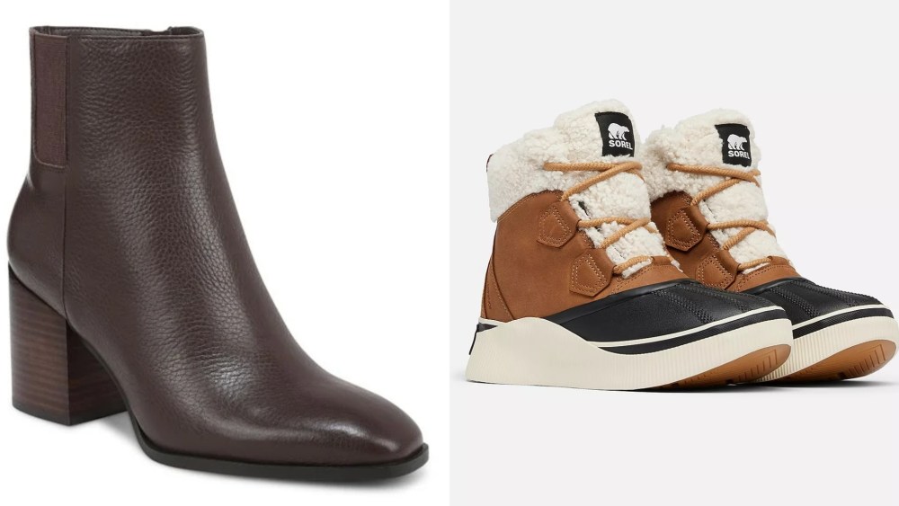 Left: Vionic Vynn heeled ankle bootie.
Right: Sorel Out N About IV Chillz Women's waterproof boot.