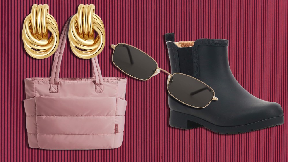 assortments of accessories and fashions like earrings, bags, and chelsea boots over a red striped background