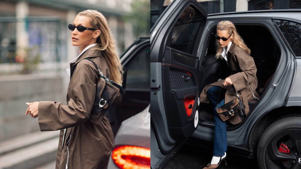 Bella Hadid wears a cotton Mango trenchcoat in Paris.