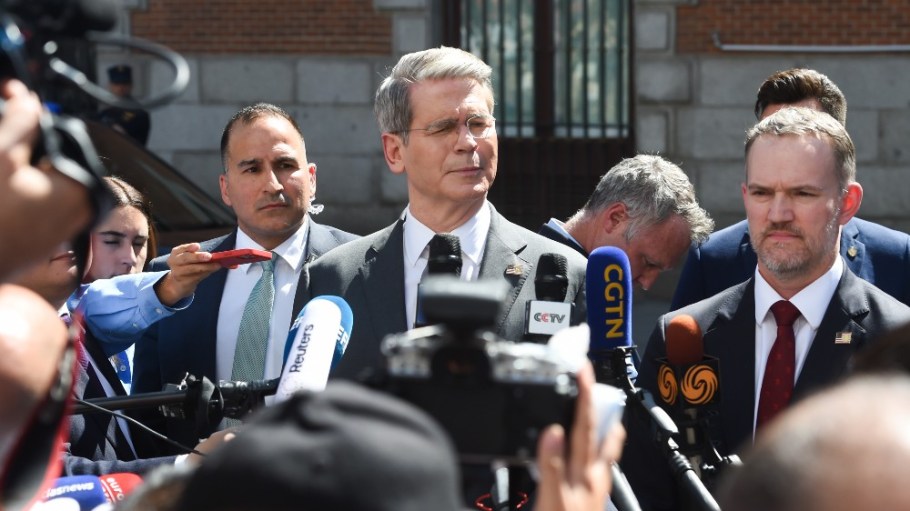 U.S. Treasury Secretary Scott Bessent addresses the media as he leaves a meeting on Sept. 15 in Madrid, Spain.