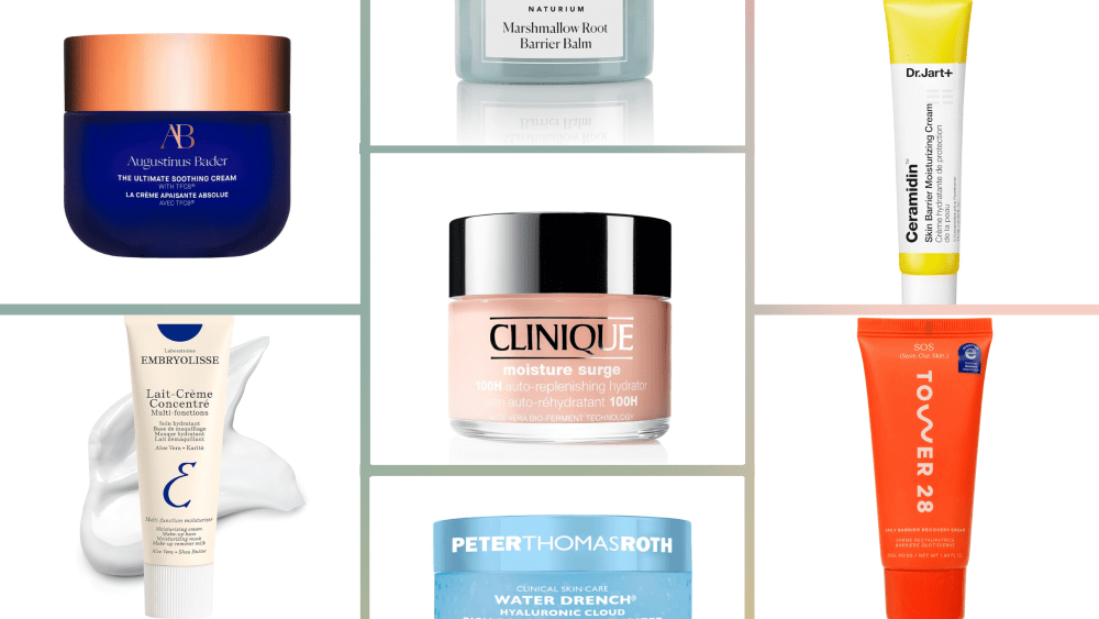 leading moisturizers for dry skin, from brands like clinique and augustinus bader, over a gridlike background with subtle ombre coloring in the gaps