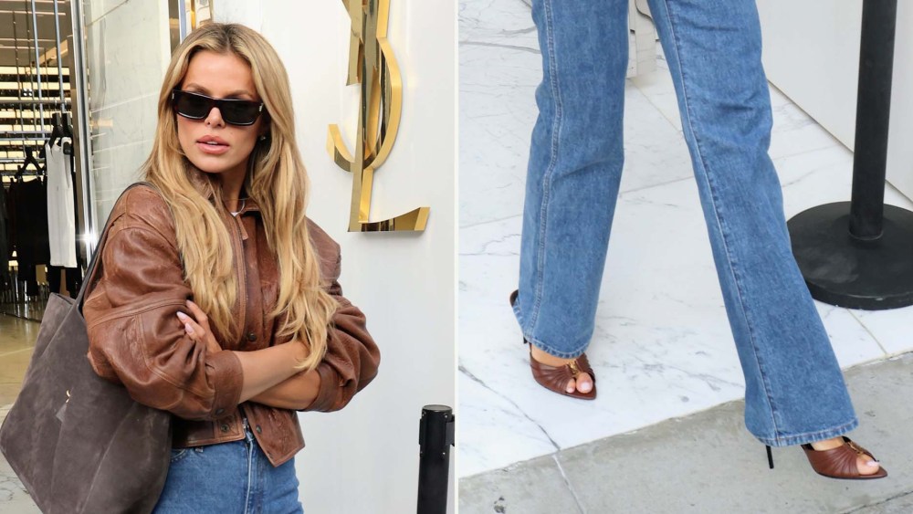 Brooks Nader wearing Saint Laurent Babylone Mules while out shopping in Beverly Hills on Labor Day.
