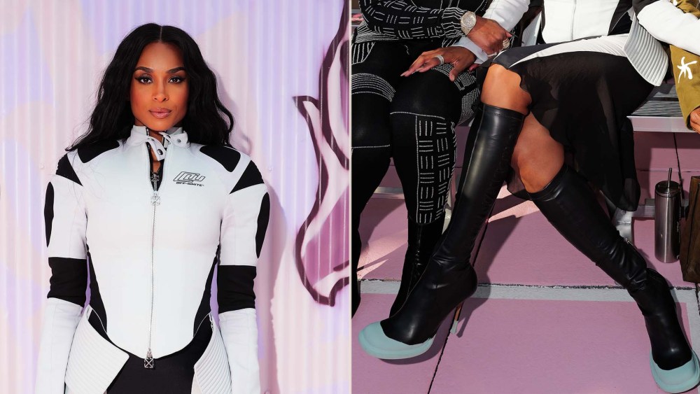 Ciara wearing knee-high sock-style black stiletto boots with mint toe. and heel details at the Off-White show during NYFW.