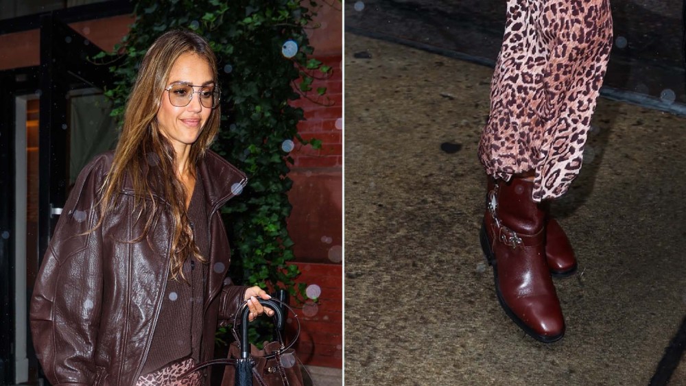 Jessica Alba wearing 3.1 Phillip Lim Alexa Moto Boots in a warm red-brown leather while out in New York City on Wednesday.