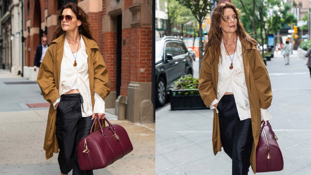 Katie Holmes seen carrying the Voyage Duffel bag by Alo out in New York City on Sept. 8, 2025.