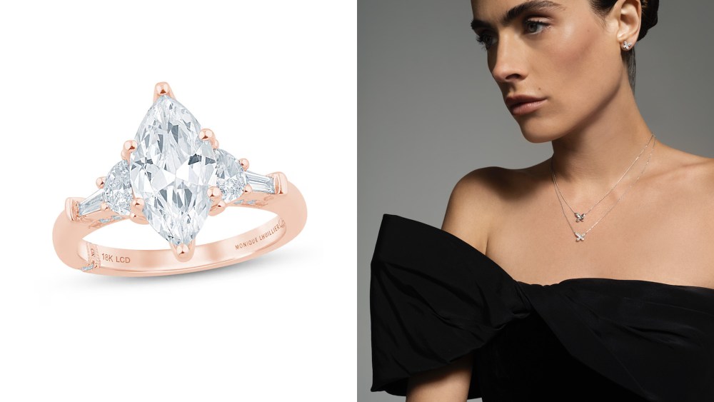 marquise-cut rose gold diamond ring over a white background; woman wearing two stacked necklaces from kay jewelers