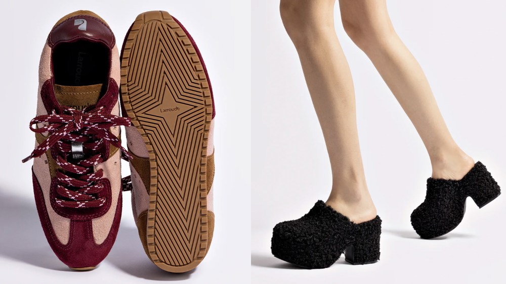 Larroudé stella sneaker pair in pink and burgundy; model wearing the fuzzy black shearling clogs from the brand