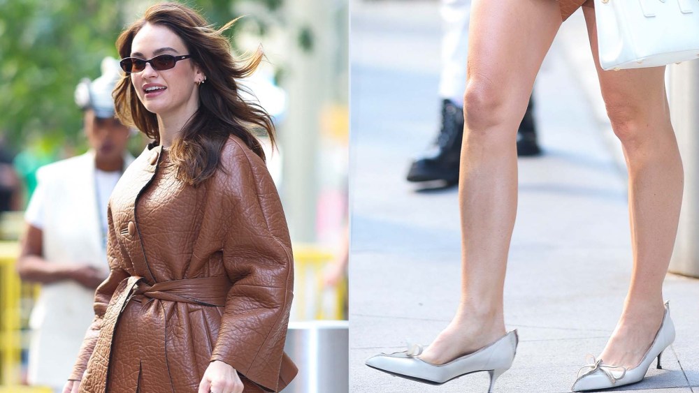 Lily James wearing Prada's chalk white antique leather pumps, which drew criticism for cultural appropriation when they were first launched.