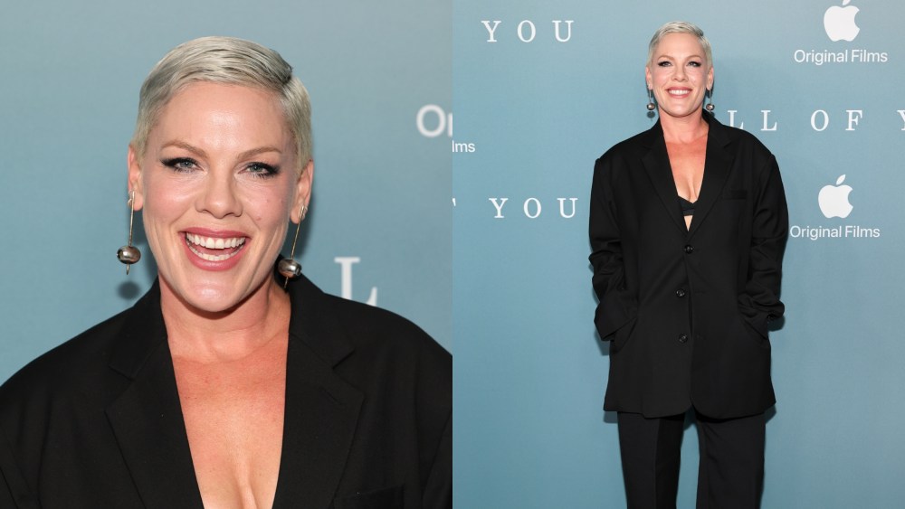 Pink combines oversized power suiting with the bra layering trend for the 'All of You' premiere in New York City.