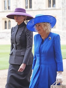 WINDSOR, ENGLAND - SEPTEMBER 17: US First Lady Melania Trump and Queen Camilla during the ceremonial welcome during the State visit by the President of the United States of America on September 17, 2025 in Windsor, England. President Trump is in England from Sept. 16-18 on his second UK state visit, with the previous one taking place in 2019 during his first presidential term. (Photo by Jonathan Brady - WPA Pool/Getty Images)