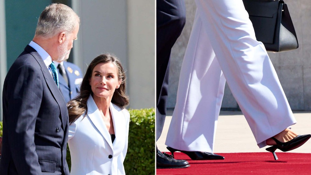 Queen Letizia of Spain wearing Massimo Dutti kitten heel slingback shoes while departing for Egypt alongside King Felipe VI on Tuesday.
