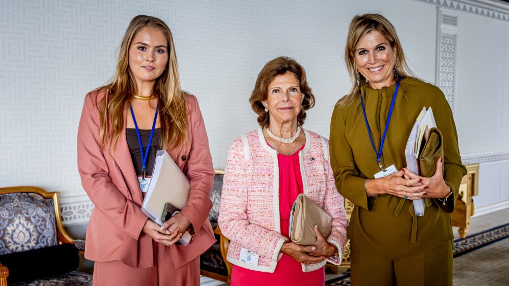 (L-R) Princess Amalia of The Netherlands, Queen Silvia of Sweden and Queen Maxima of The Netherlands, wearing Natan, during a meeting at the United Nations Headquarters after the opening session of the General Assembly at United Nations on Sept. 23, 2025 in New York City.