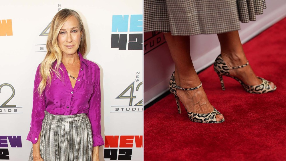 Sarah Jessica Parker wearing snakeskin peep-toe pumps at the New 42 Studios' 25th Anniversary Luncheon.