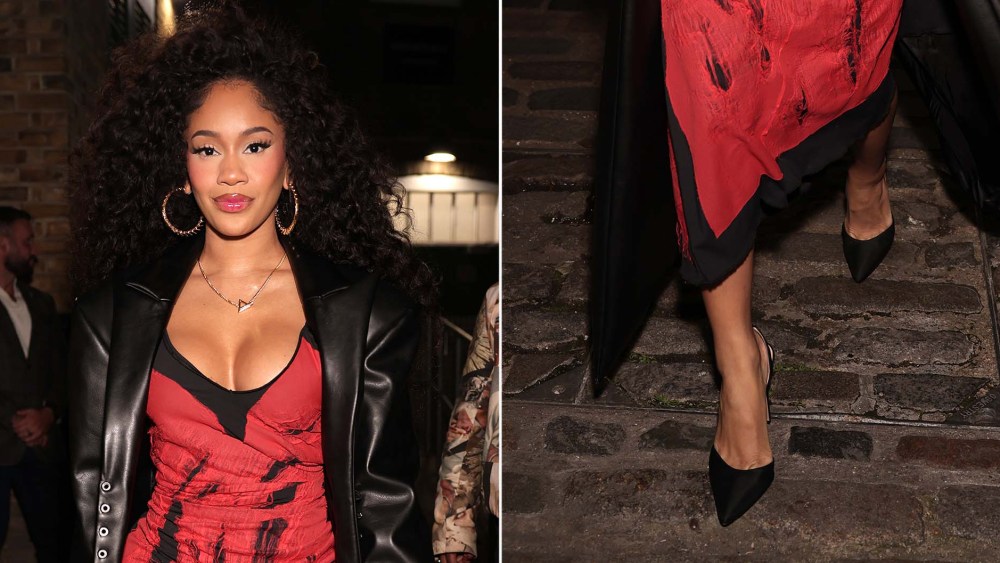 Saweetie wearing black slingback high heels at the EE72 Launch durign London Fashion Week on Friday.