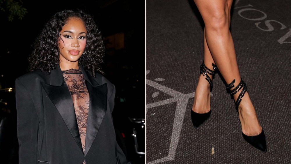 Saweetie wearing Rene Caovilla chandelier pumps with ankle wrap details at the launch of EE72 in New York on Friday night.