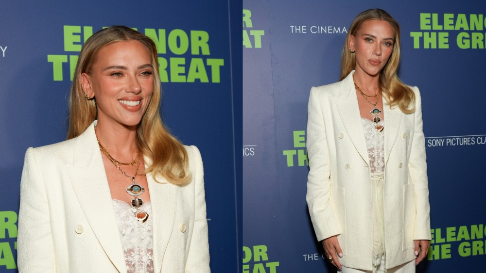 Scarlett Johansson wears a white suit by Chloé with a David Webb statement necklace at the special screening of "Eleanor the Great" on Sept. 24, 2025 in New York City.
