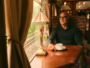 Stanley Tucci in the campaign for N. Peal’s new Art of Travelling collection.