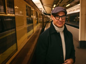 Stanley Tucci in the campaign for N. Peal’s new Art of Travelling collection.