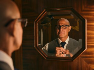 Stanley Tucci in the campaign for N. Peal’s new Art of Travelling collection.