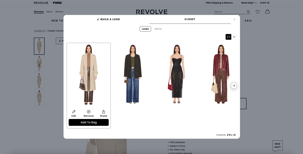 The digital closet is part of Zelig's Build a Look interactive feature on Revolve.com.