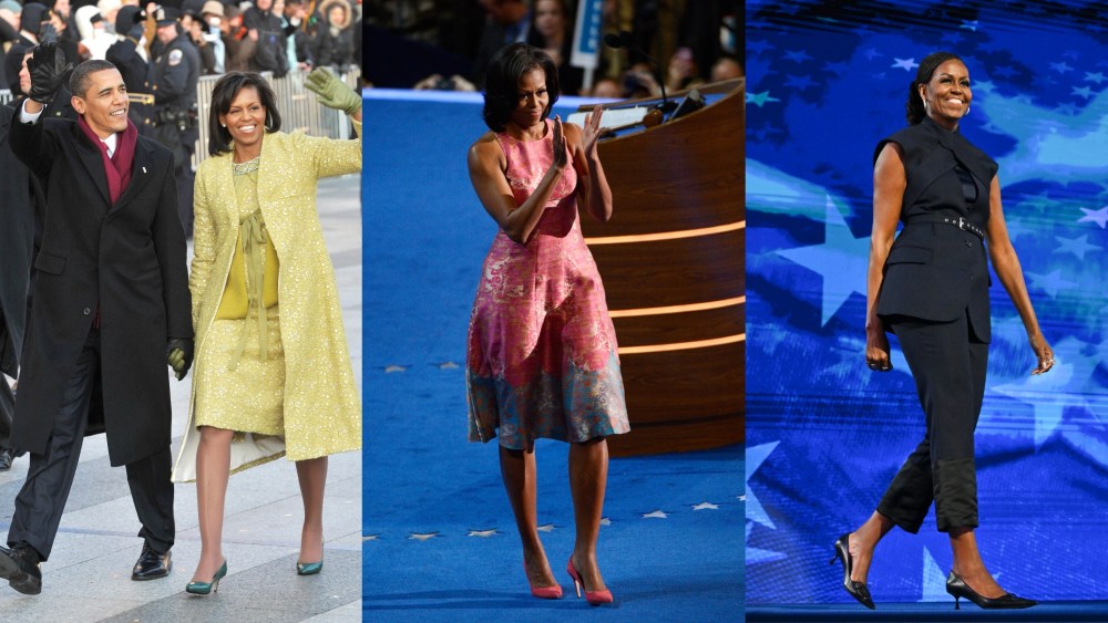 Left: Michelle Obama wearing green pumps as a tonal accent to her Isabel Toledo look in the Inaugural Parade in Washington, D.C. on Tuesday, January 20, 2009. Middle: Michelle Obama wearing pink pumps during day one of the Democratic National Convention at Time Warner Cable Arena on September 4, 2012 in Charlotte, North Carolina. Right: Michelle Obama wearing Jimmy Choo kitten heels, the brand's Scarlett style, at the 2024 Democratic National Convention.